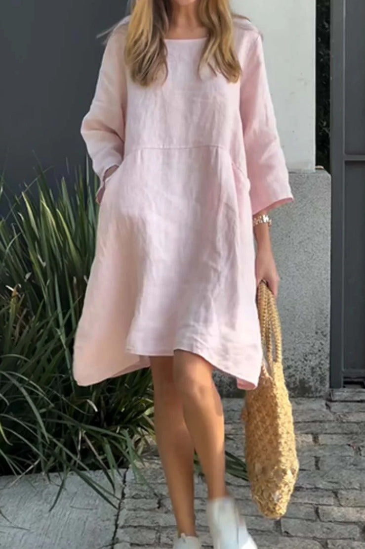 Damen lässiges Leinenkleid mit praktischen Taschen und asymmetrischem Saum EB