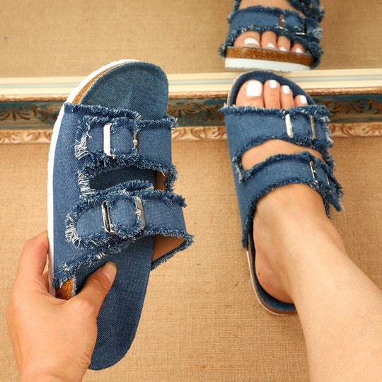 Damen Pantoletten mit modischem Denim-Design und verstellbaren Riemen EB