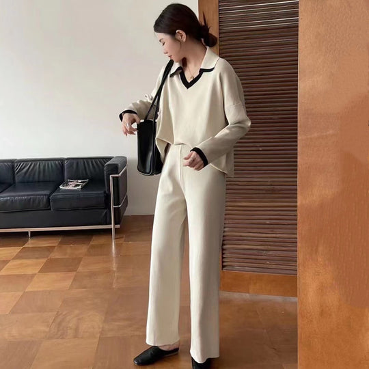Damen elegantes und lässiges Strickensemble mit V-Ausschnitt und breitem Saum EB