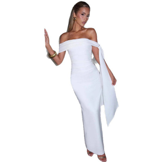 Damen Elegantes Abendkleid mit Off-Shoulder-Design und Fließendem Cape EB