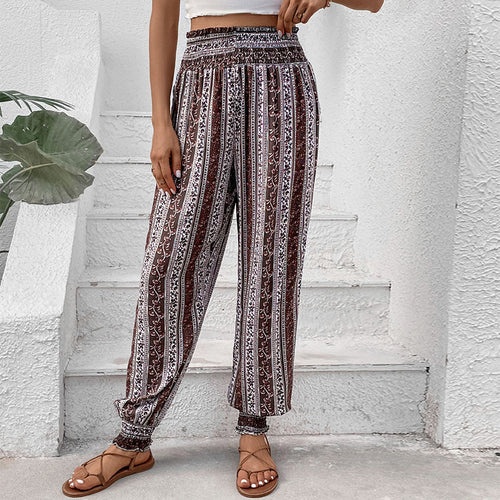 Damen Freizeithose im Bohemian-Stil mit elastischem Bund und Blumenmuster EB