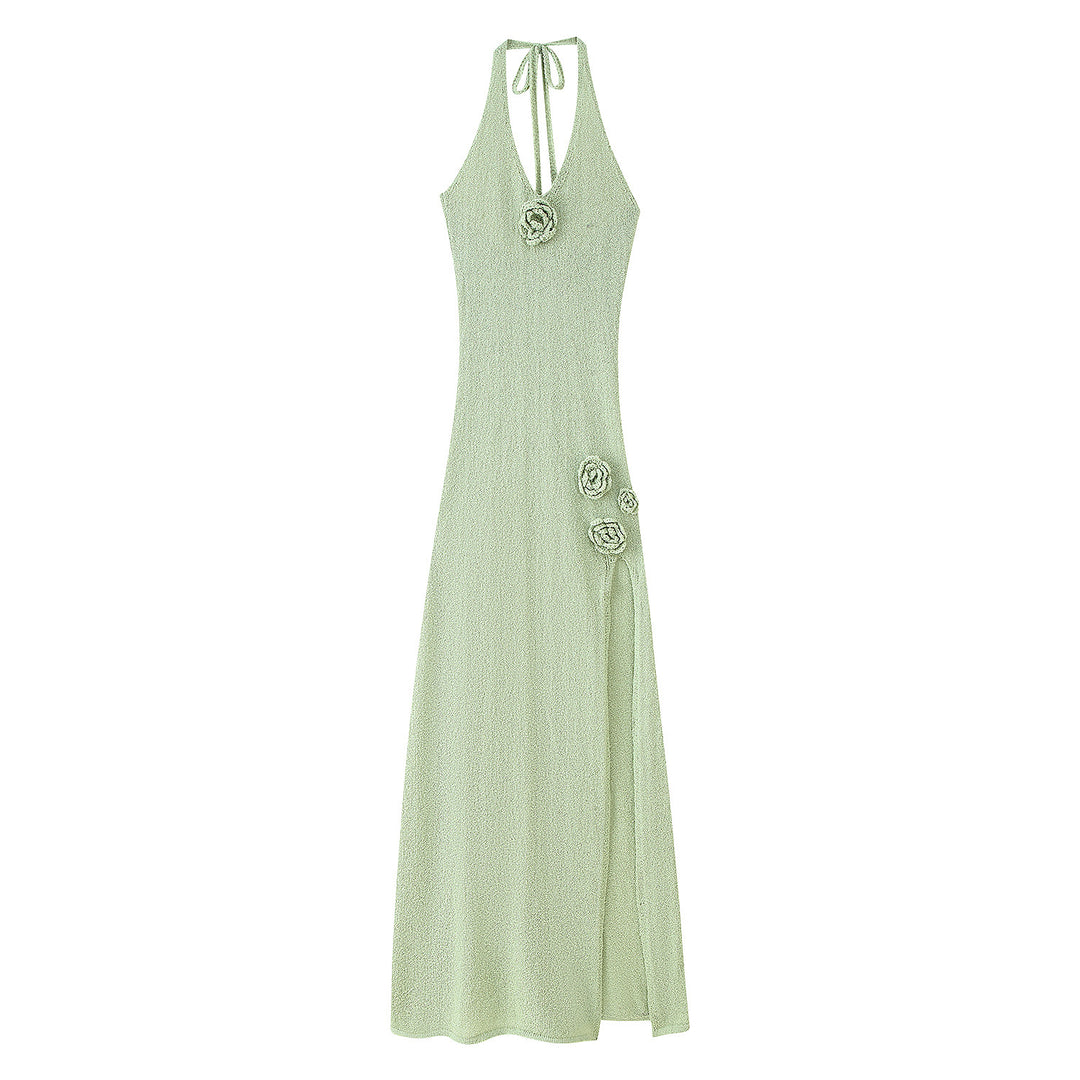 Damen Maxikleid mit Blumenapplikationen und tiefem V-Ausschnitt EB