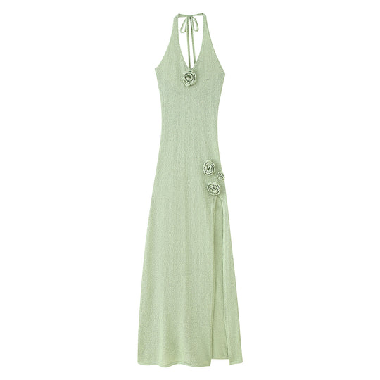Damen Maxikleid mit Blumenapplikationen und tiefem V-Ausschnitt EB
