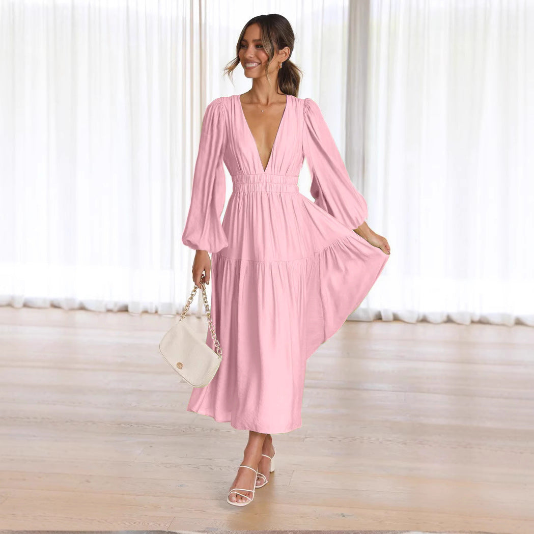 Damen Langarm Maxikleid mit tiefem V-Ausschnitt und weitem Rock EB