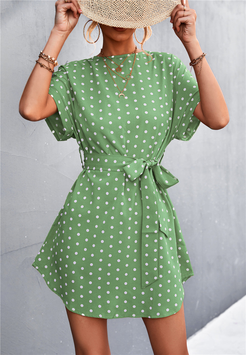 Damen Freizeitkleid mit modischem Punkte-Muster und Taillengürtel EB