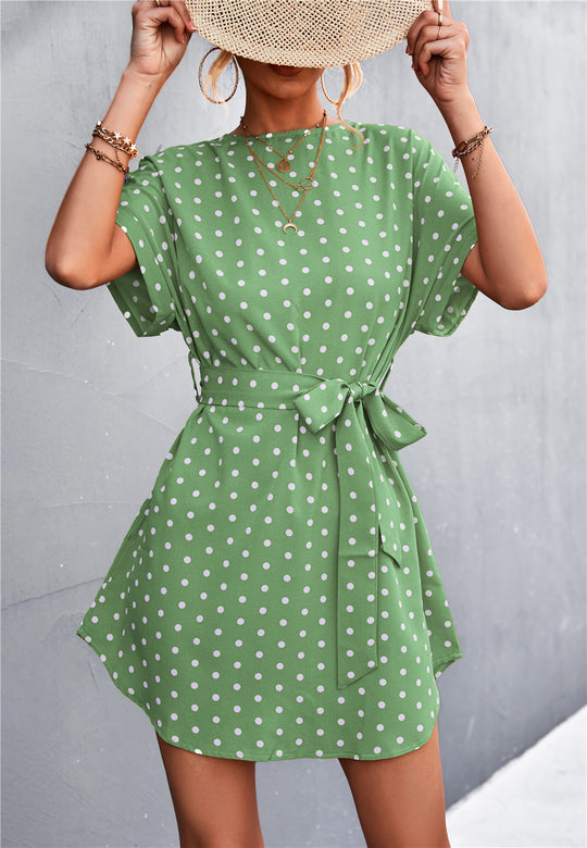 Damen Freizeitkleid mit modischem Punkte-Muster und Taillengürtel EB