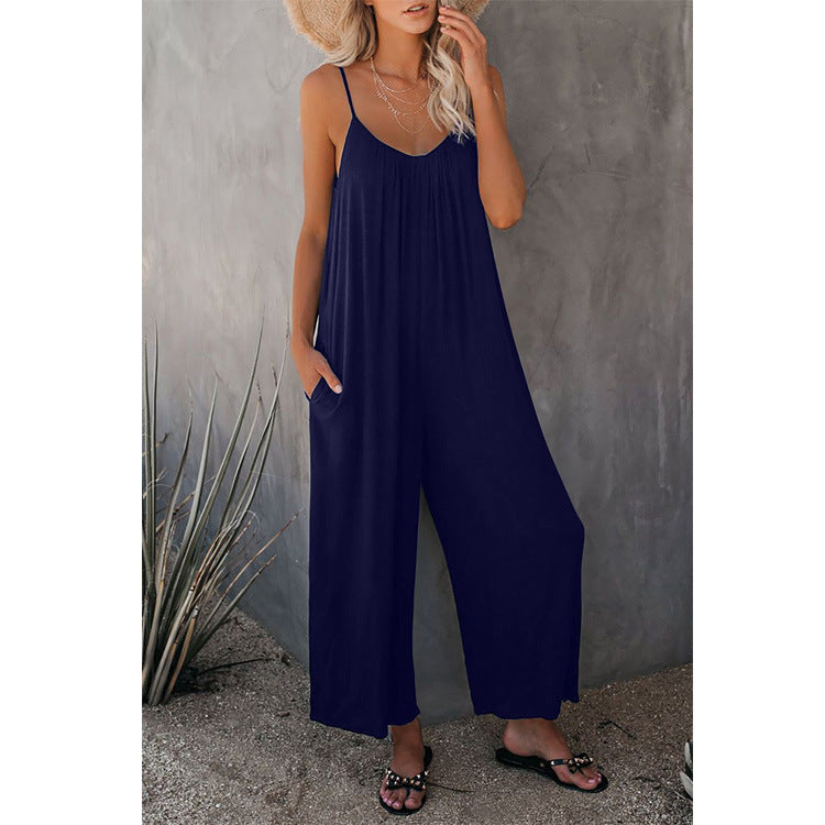 Damen Lässiger Sommer-Jumpsuit mit tiefem Ausschnitt und praktischen Taschen EB