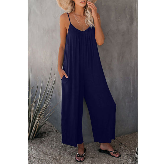 Damen Lässiger Sommer-Jumpsuit mit tiefem Ausschnitt und praktischen Taschen EB