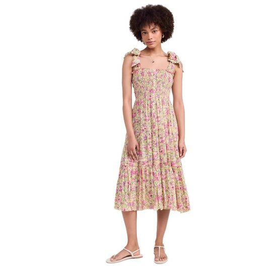 Damen Maxikleid mit floralem Rüschendesign und elastischem Oberteil EB