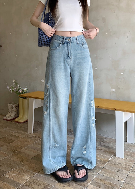 Damen Weite Jeans mit modischen Rissen und hohem Bund EB