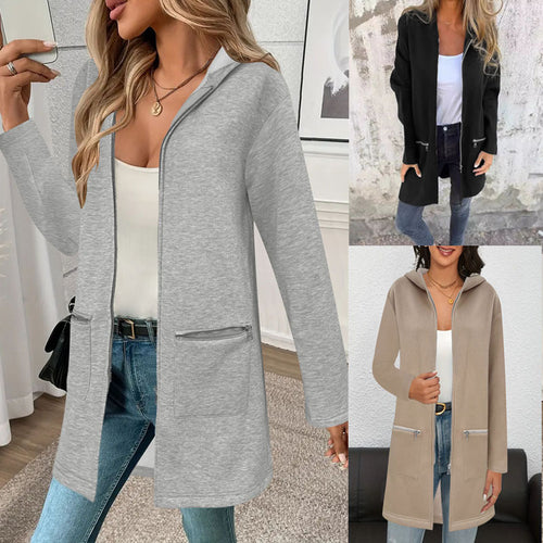 Damen Lange Strickjacke mit durchgehendem Reißverschluss und praktischen Taschen EB