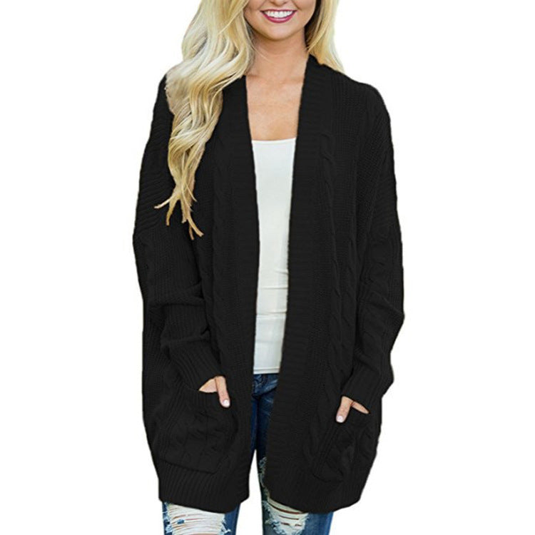 Damen lässige Strickjacke mit Kabelmuster und großzügigen Taschen EB