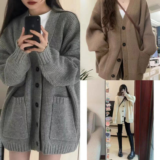 Damen Grobstrick Cardigan mit Taschen und tiefem V-Ausschnitt EB