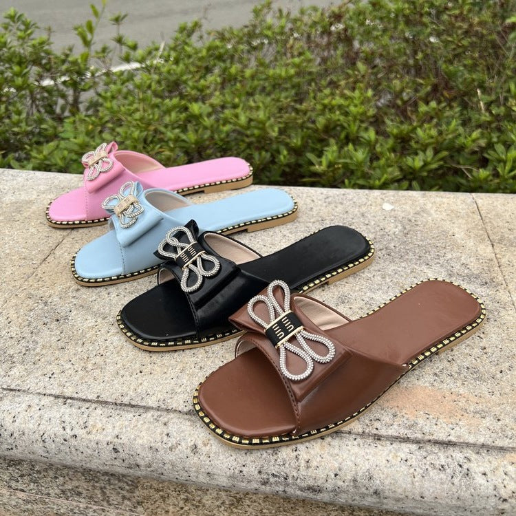Damen elegante Riemchen-Pantoletten mit funkelnder Schleifen-Applikation EB