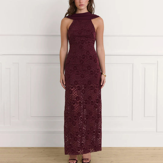 Damen Elegantes Maxikleid mit raffinierter Spitzenverzierung und schickem Halterneck EB