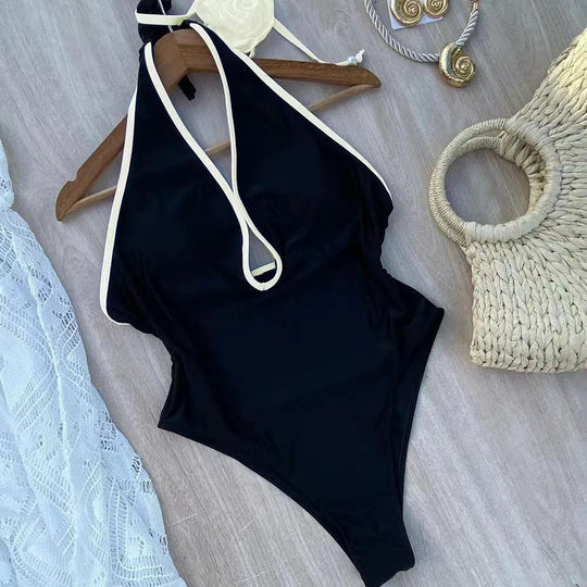 Damen Eleganter Badeanzug mit Hochgeschlossenem Ausschnitt und Blütenakzent EB