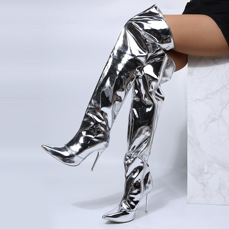 Damen Hohe Stiefel aus glänzendem Material mit spitzem Absatz EB