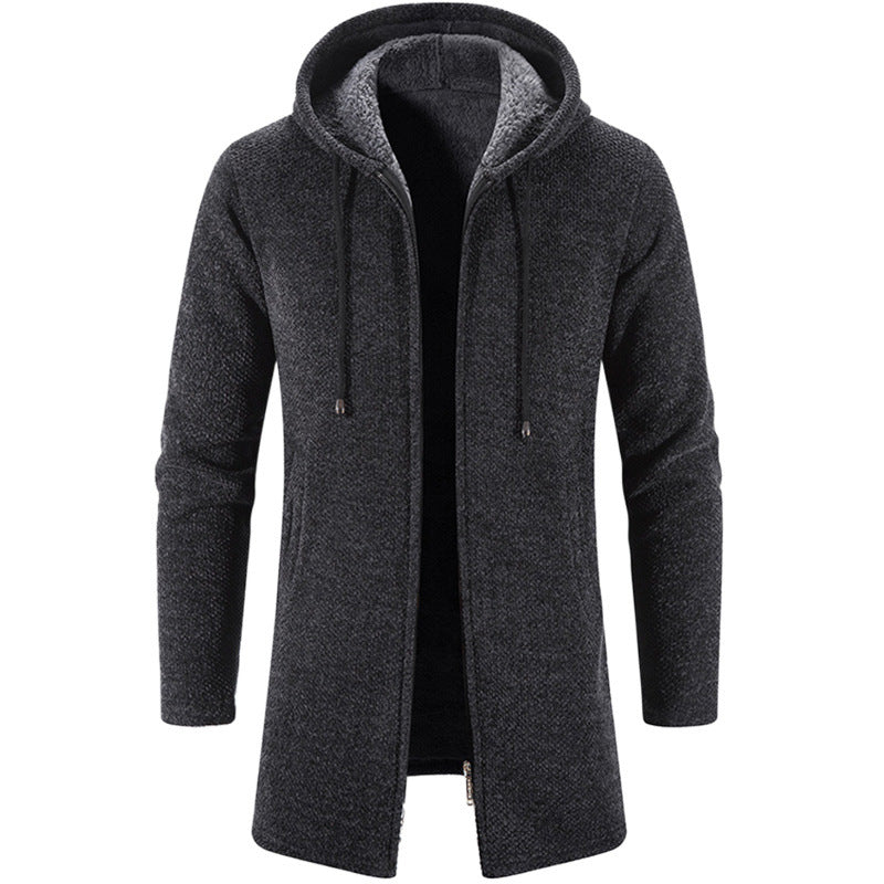 Herren nan langer Kapuzenstrickmantel mit Teddyfutter, durchgehendem Reißverschluss und seitlichen Eingrifftaschen EB