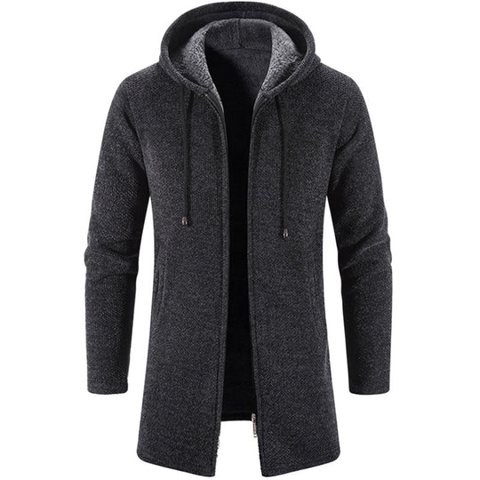 Herren nan langer Kapuzenstrickmantel mit Teddyfutter, durchgehendem Reißverschluss und seitlichen Eingrifftaschen EB