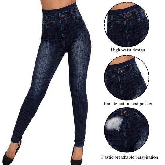 Damen Hochtaillierte Jeansleggings im Denim-Look EB