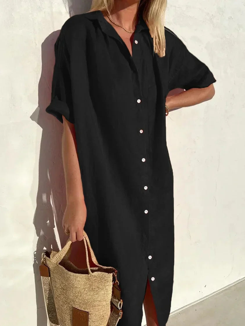 EB | Knopfkleid mit weitem Ausschnitt und schmalen Ärmeln, elegant und locker, für Frauen – aus Baumwolle