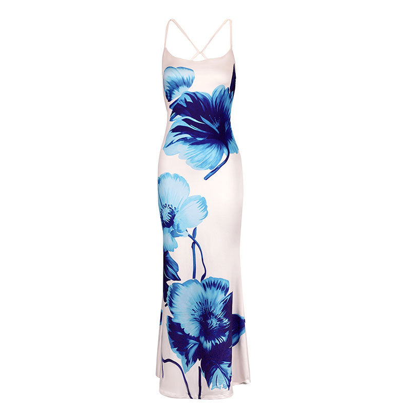 Damen Floral Maxikleid mit zarten Spaghetti-Trägern und figurbetontem Schnitt EB