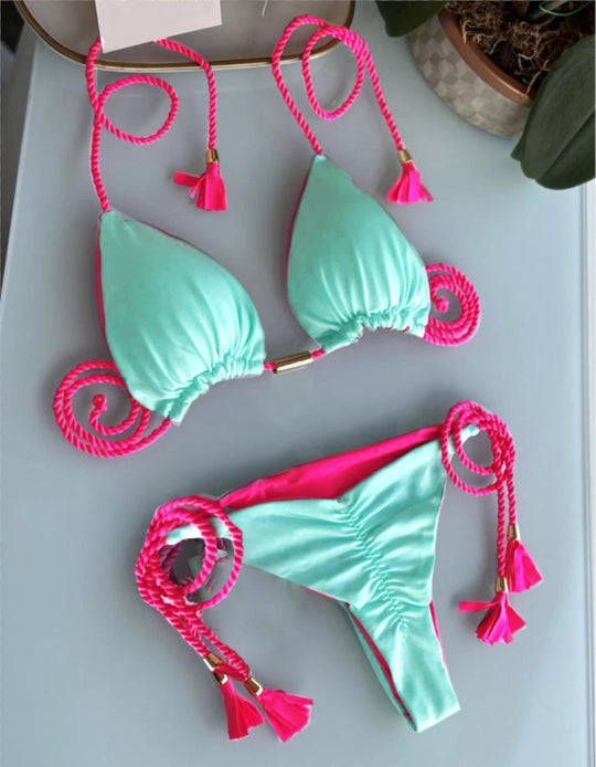 Damen Triangel-Bikini mit modischem Leopardenmuster und dekorativen Quasten EB