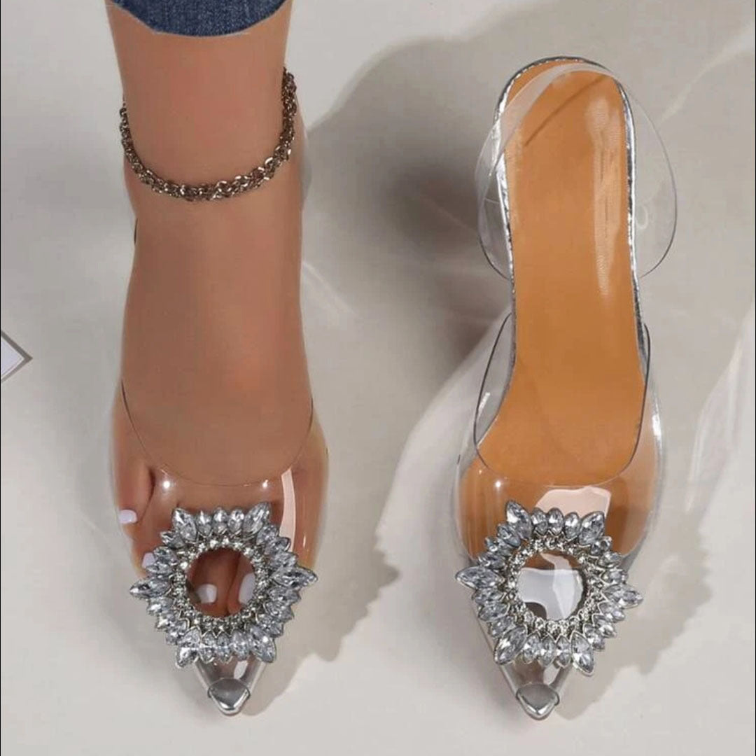 Damen elegante transparente Mules mit glitzerndem Schmuck-Riemen EB
