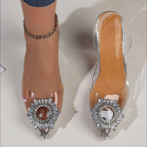 Damen elegante transparente Mules mit glitzerndem Schmuck-Riemen EB