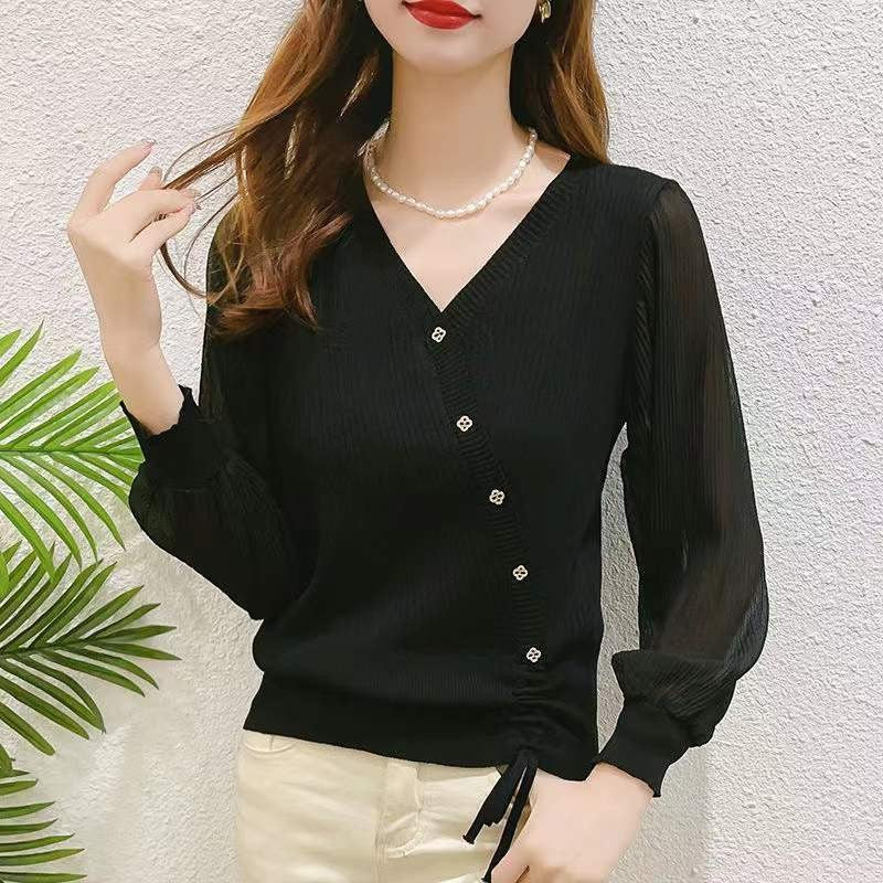 Damen eleganter Strickpullover mit Knopfdetails und transparenten Ärmeln EB