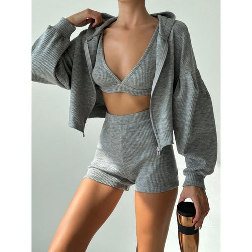 Damen nan kurzes geripptes Lounge-Set mit Kapuzen-Zipjacke und Highwaist-Shorts EB