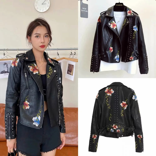 Damen kunstleder Bikerjacke mit floralem Stickdesign und Nietenverzierungen EB