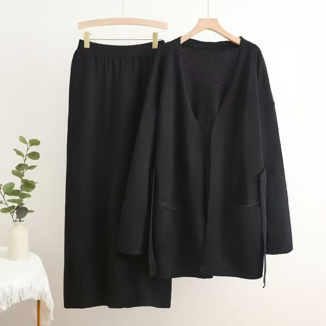 Damen lässiges Strickensemble mit tiefem V-Ausschnitt und praktischen Taschen EB