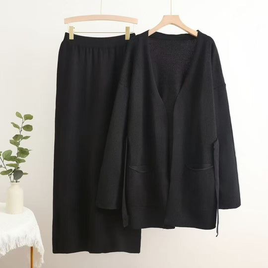 Damen lässiges Strickensemble mit tiefem V-Ausschnitt und praktischen Taschen EB