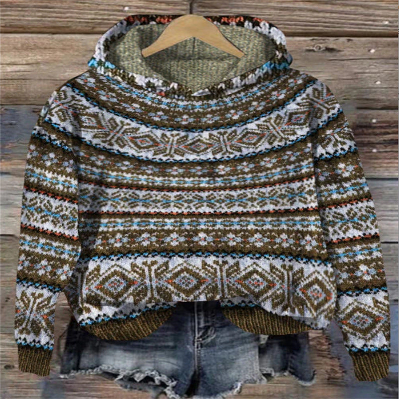 EB | Damen Strickhoodie mit norwegischem Muster und Kapuze
