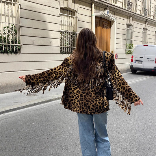 Damen Leoparden-Wildlederjacke mit Fransen und modischem Schnitt EB