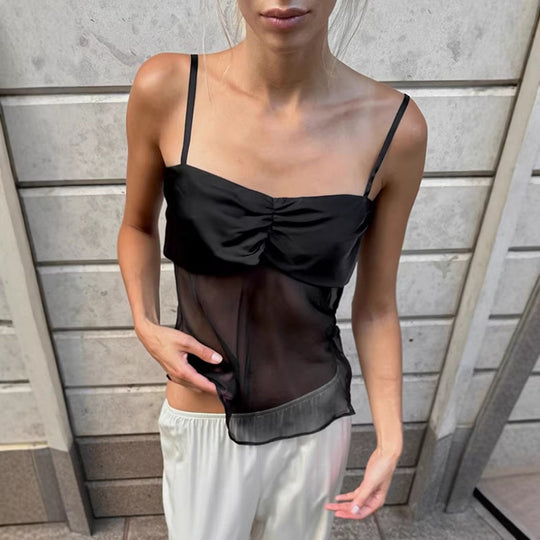 Damen Sexy Trägertop mit transparentem Stoff und raffiniertem Falten-Design EB