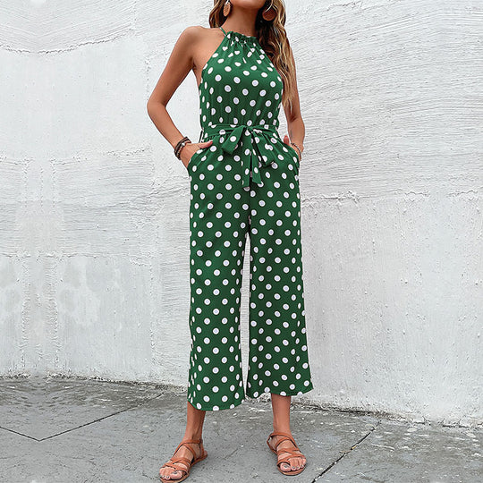 Damen eleganter Jumpsuit mit verstellbarem Bindegürtel und modischem Punkte-Design EB