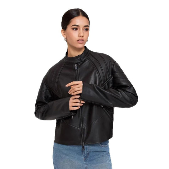 Damen Kunstleder Bikerjacke mit strukturiertem Design EB