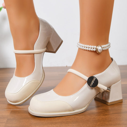 Damen elegante Lackpumps mit Blockabsatz und Riemchen-Design EB