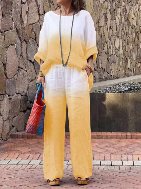 Damen lässiges Leinen-Outfit mit weiten Hosen und lockerer Bluse EB
