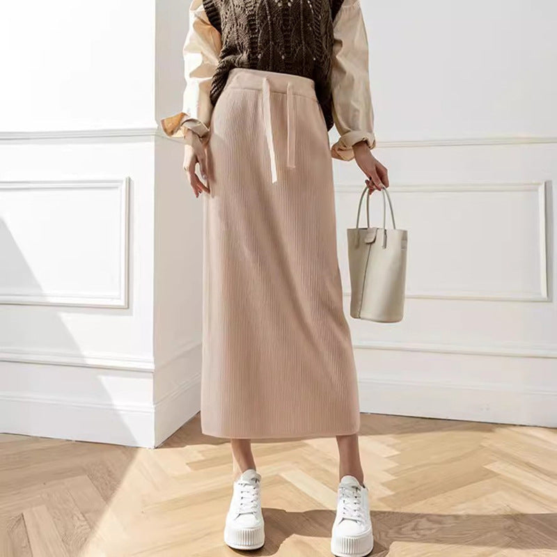 Damen Midi-Rock mit Taillenschnürung und geripptem Design EB