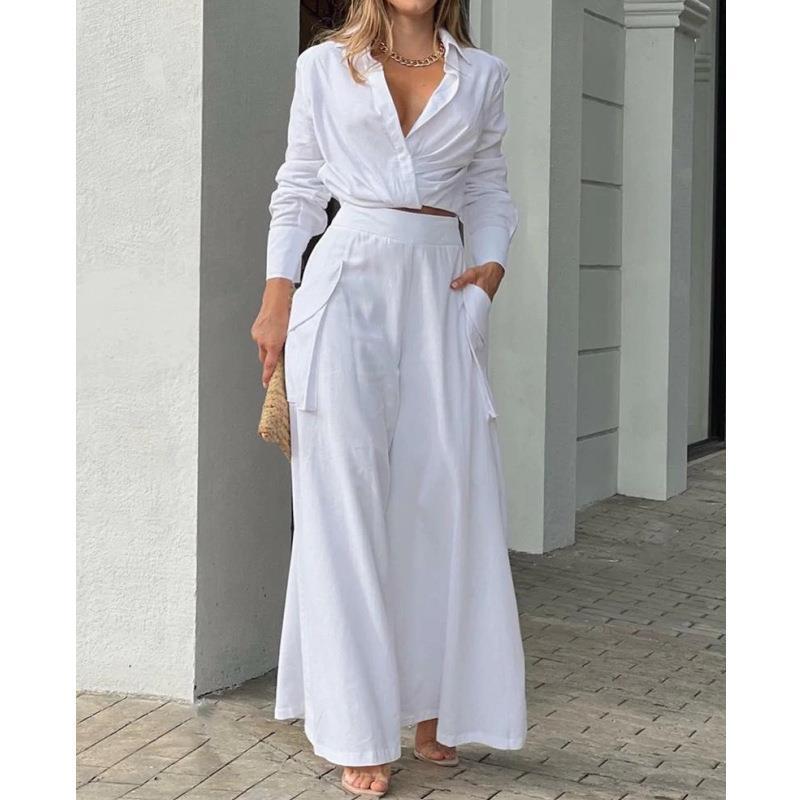 Damen Elegantes und lässiges Zweiteiler-Set mit Crop-Top und weitem Palazzo-Hosen EB