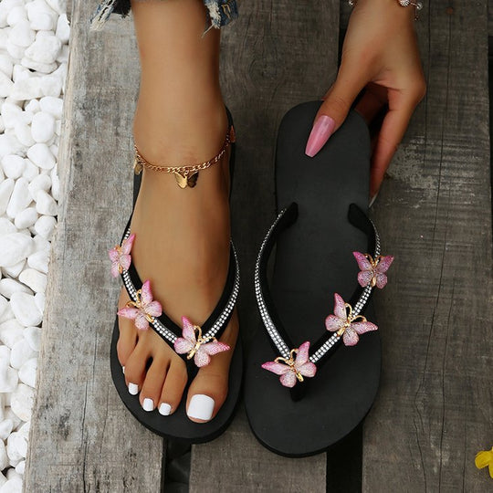 Damen glamouröse Zehentrenner-Sandalen mit floralem Schmuck EB