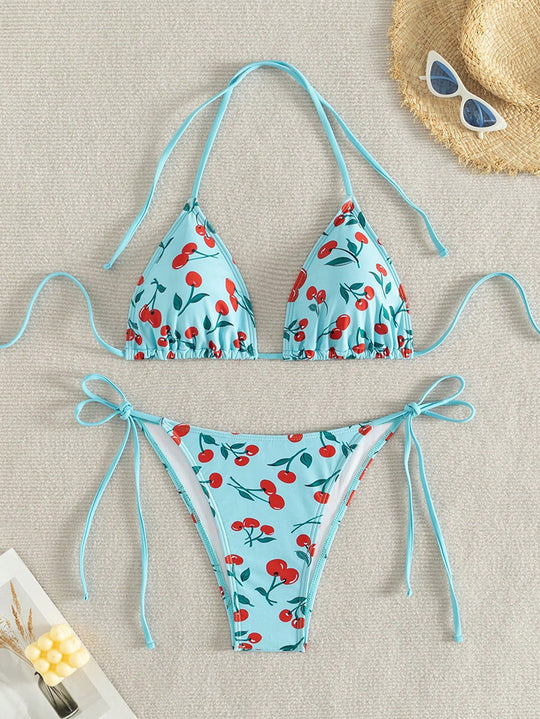 Damen Triangel-Bikini mit fruchtigem Muster und verstellbaren Schnürbändern EB