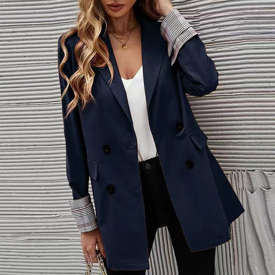 Damen Eleganter Doppelreiher Blazer mit kariertem Detail EB