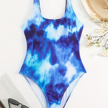 Damen Einteiliger sportlicher Badeanzug mit modischem Tie-Dye-Design EB