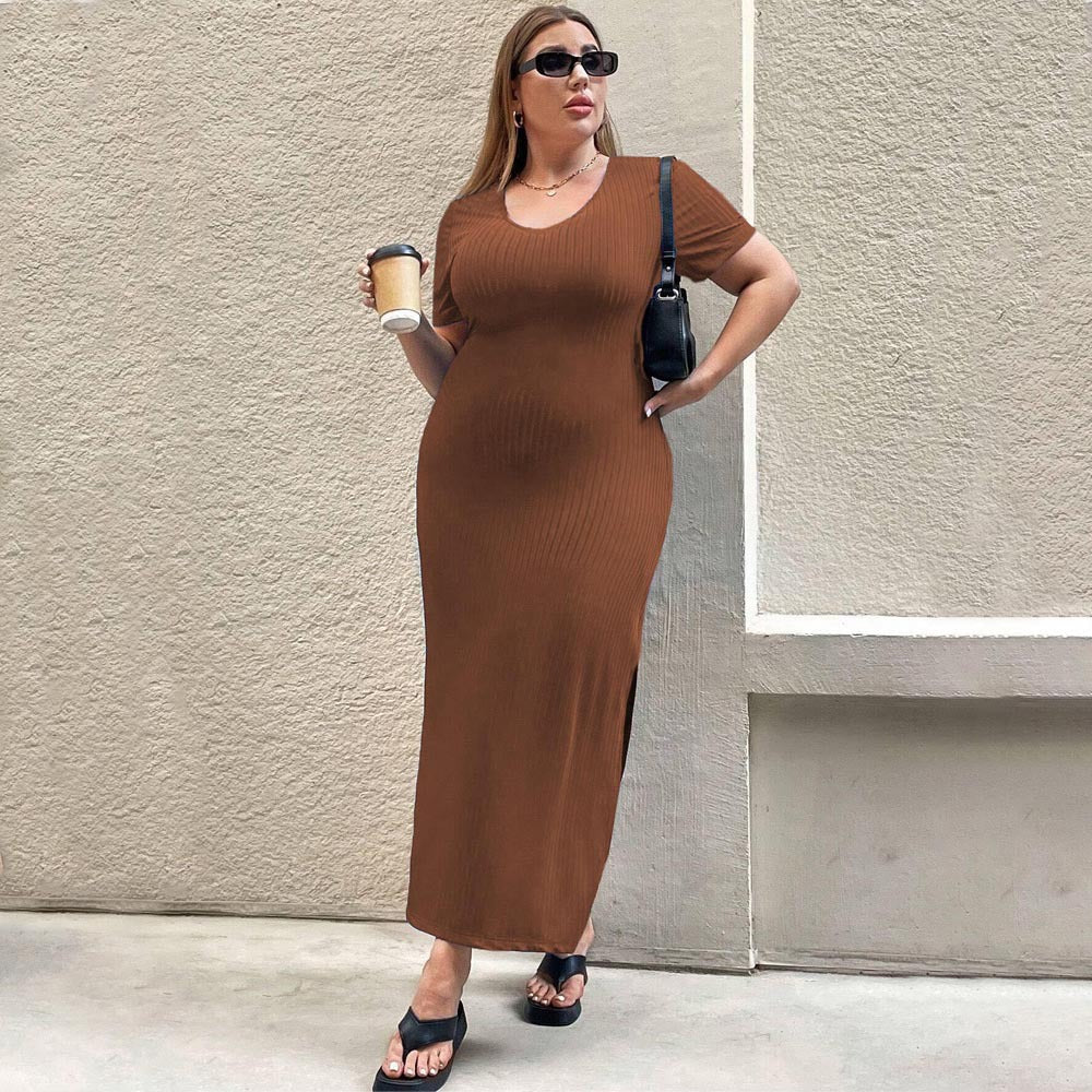 Damen Figurbetontes Maxikleid mit Seitenschlitz und Rippenstruktur EB