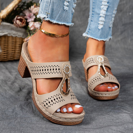 Damen elegante Wedge-Pantoletten mit Dekorativem Schmuckakzent EB