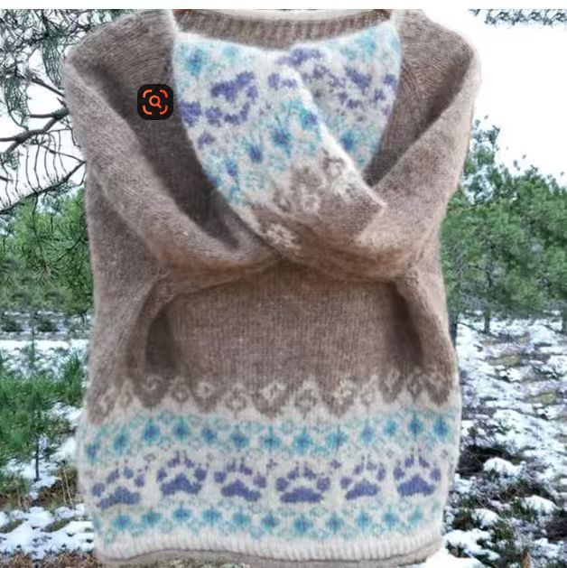 Damen nan melierter Rundhalsausschnittpullover mit kreisförmigem Jacquard-Yoke und geripptem Saum EB